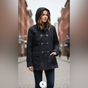 Larry Levine Vintage Black Hooded Quilted Lining Military Jacket Leather Large